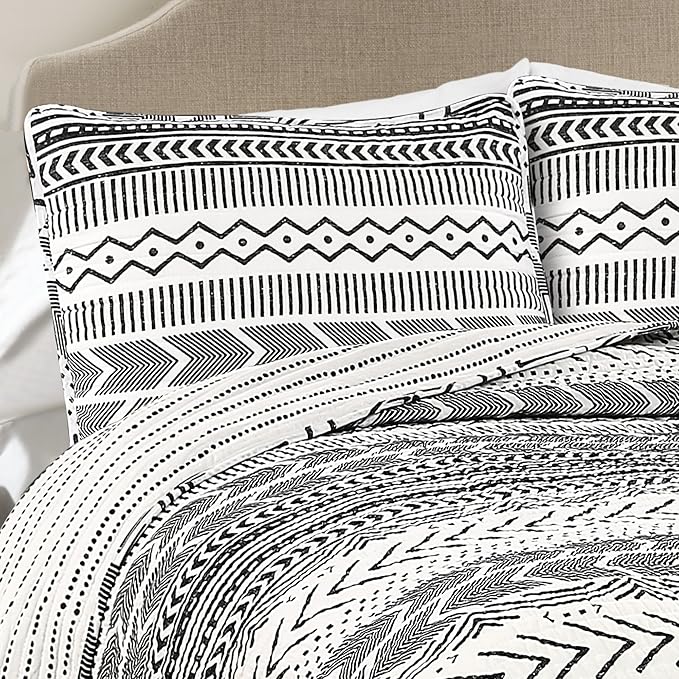 Lush Decor Hygge Geo Pattern Striped 3 Piece Quilt Bedding Set, King, Black & White