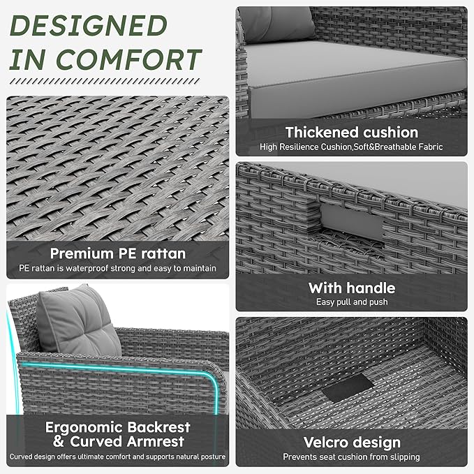 5 Pieces Patio Furniture Set, Hand-Woven Rattan Patio Conversation Set with Soft Cushions & Coffee Table, Outdoor Chairs with Hidden Ottoman for Porch, Lawn, Garden, Balcony, Grey