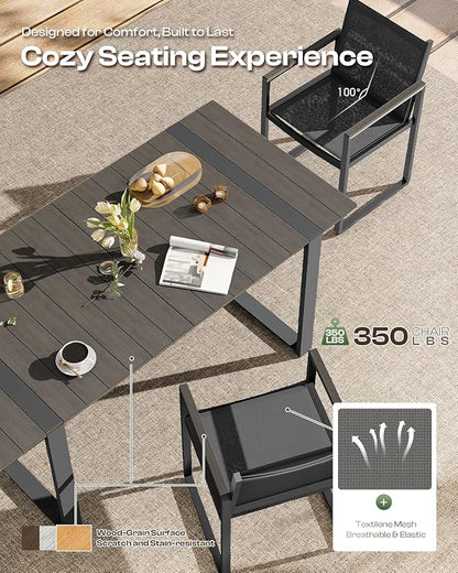 Outdoor Dining Set, Patio Table and Chairs Set, 7 Piece HDPS + Aluminum Patio Furniture Set with Umbrella Hole, Patio Dining Table Set (Charcoal)