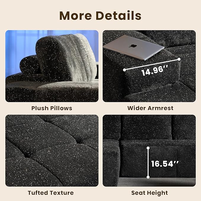 114" Glitter Cloud Sectional Couch with L-Shape Chaise, Modern Boneless Couches for Living Room, Fluffy Tufted Deep Seat Modular Sofa in a Box No Assembly