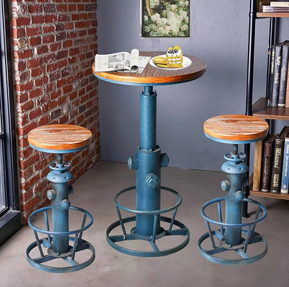Topower 3 Piece Pub Bar Set Retro Round Bar Table and Stools for 2 Height Adjustable Pub Desk and Stools Match Bar Height and Counter Barstool Antique Blue(1 Table + 2 Chairs)