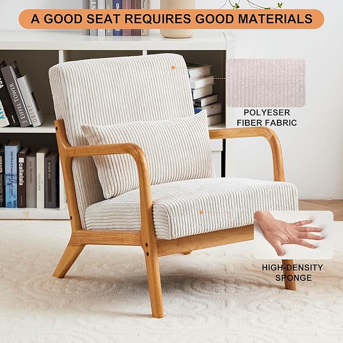 Accent Chairs, Set of 2 Mid-Century Modern Chair with Pillow, Armchair with Solid Wood, Reading Relaxing Leisure Chair for Living Room,（Beige）