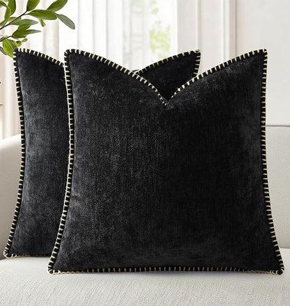 decorUhome Chenille Soft Throw Pillow Covers 24x24 Set of 2, Farmhouse Velvet Neutral Decorative Euro Pillow Covers with Stitched Edge for Couch Sofa Bed Home Decor, Black