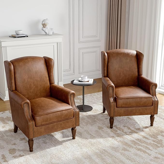Faux Leather Wingback Accent Chairs Set of 2, High Back Upholstered Armchair, Comfy Fabric Wingback Arms Chairs with Solid Wood Legs, Single Sofa Reading Chair for Bedroom Living Room, Brown