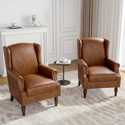 Faux Leather Wingback Accent Chairs Set of 2, High Back Upholstered Armchair, Comfy Fabric Wingback Arms Chairs with Solid Wood Legs, Single Sofa Reading Chair for Bedroom Living Room, Brown