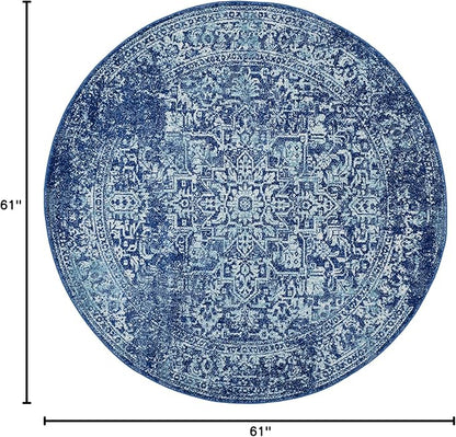 SAFAVIEH Evoke Collection Area Rug - 5'3" Round, Navy & Ivory, Distressed Design, Non-Shedding & Easy to Clean, Ideal for Living Room, Bedroom, Dining Space (EVK256A)