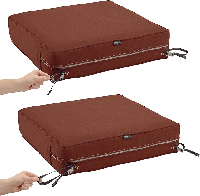 Classic Accessories Montlake Water-Resistant 25 x 25 x 5 Inch Square Outdoor Seat Cushion, Patio Furniture Chair Cushion, Heather Henna Red, Outdoor Cushion Cover