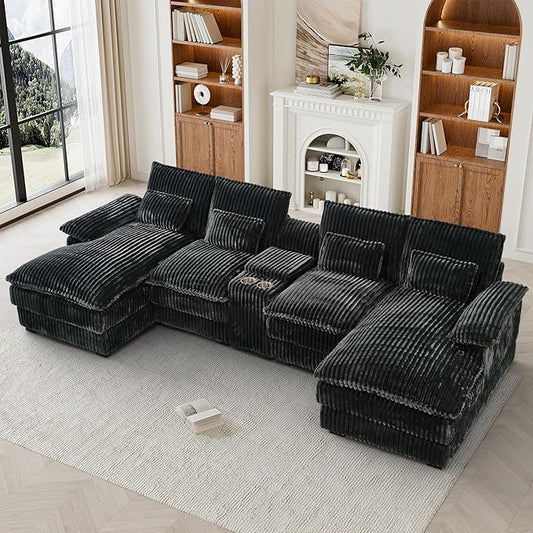 HYJT-H&K 124" U Shaped Cloud Couch Sectional, Comfy Plush Fluffy Corduroy Dark Grey Sectional Couches for Living Room, Modern Modular Corduroy Couch Sectionals with Central Console & Double Chaise