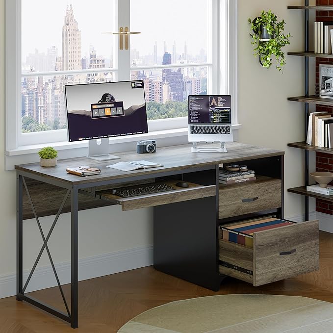 Bestier Office Desk with Drawers, 55 inch Industrial Computer Desk with Storage, Wood Teacher Desk with Keyboard Tray & File Drawer for Home Office, Dark Gray Oak