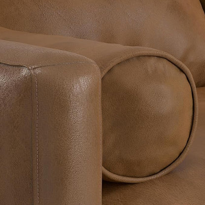 SIMPLIHOME Morrison Mid-Century Modern 89 inch Wide Sofa with Ottoman Set in Caramel Brown Genuine Leather for the Living Room and Family Room