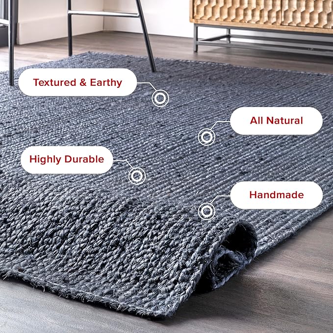 nuLOOM 4 Round Rigo Jute Hand Woven Area Rug, Navy, Solid Farmhouse Design, Natural Fiber, For Bedroom, Living Room, Dining Room, Hallway, Office, Kitchen, Entryway