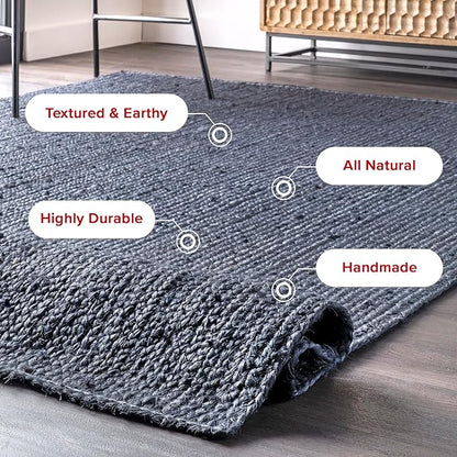 nuLOOM 3x5 Rigo Jute Hand Woven Area Rug, Navy, Solid Farmhouse Design, Natural Fiber, For Bedroom, Living Room, Dining Room, Hallway, Office, Kitchen, Entryway