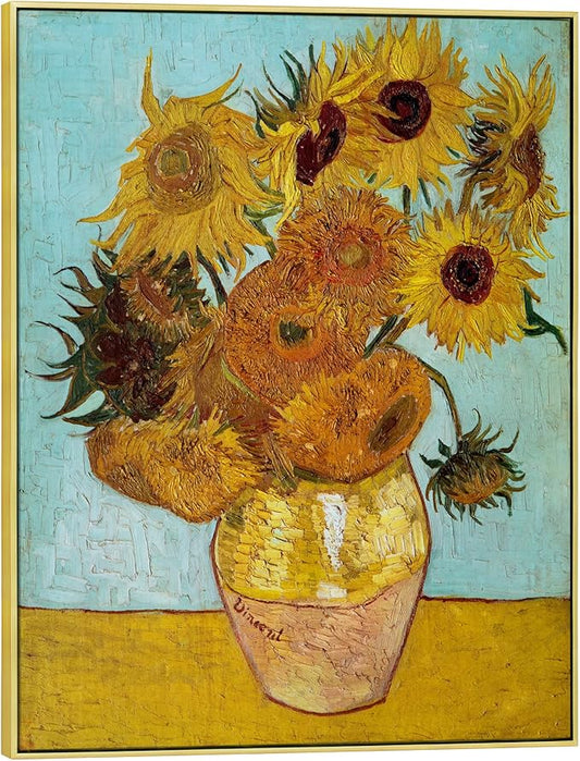 Wieco Art Large Framed Canvas Wall Art Sunflower by Vincent Van Gogh Oil Paintings Reproduction Abstract Wall Decorations for Living Room Golden Frame Home Office Decorations