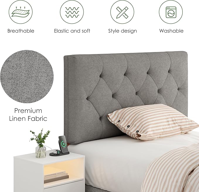 Upholstered Twin Headboard, Twin Headboard Only for Bed Frame from 27”-41”, Adjustable Height Twin XL Headboard with Durable Wood Legs, Fabric Bed Headboard in Modern Button Design, Light Grey