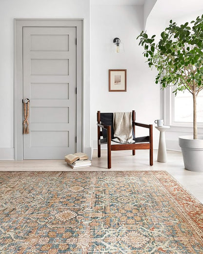 Loloi Layla Collection LAY-04 Ocean/Rust 5'-0" x 7'-6" .13" Thick Area Rug, Soft, Durable, Vintage Inspired, Distressed, Low Pile, Non-Shedding, Easy Clean, Printed, Living Room Rug