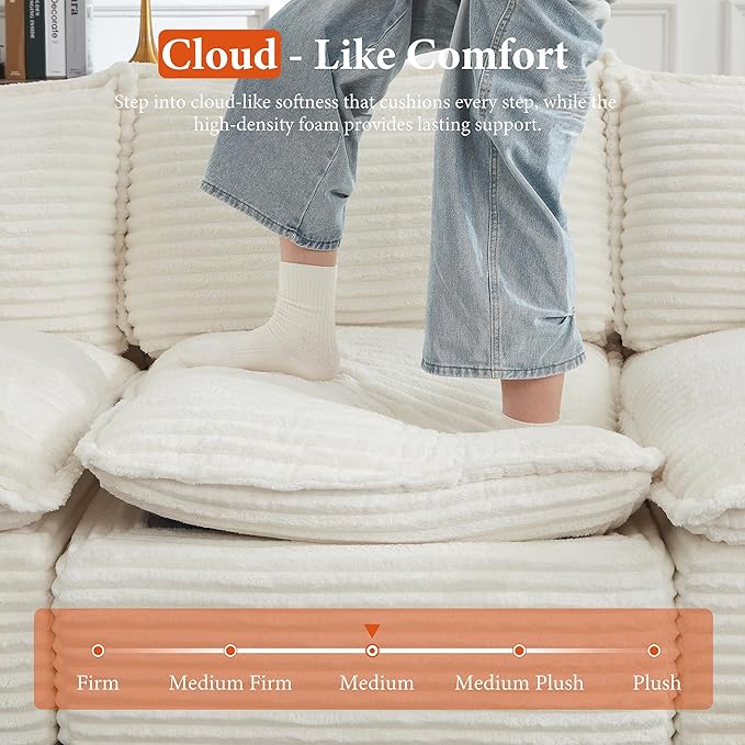 108" Sectional Couches for Living Room Boneless Couch Upholstered Cloud Couch Sectional Modular Sectional Sofa with L Shaped (Corduroy-White, 4 Seat+2 Ottoman)