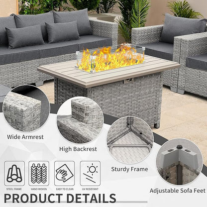 WAROOM Patio Furniture Set 6 Piece Grey Wicker Outdoor Furniture Patio Sectional Sofa Couch PE Rattan Conversation Sets with Fire Pit Table, Grey Cushion