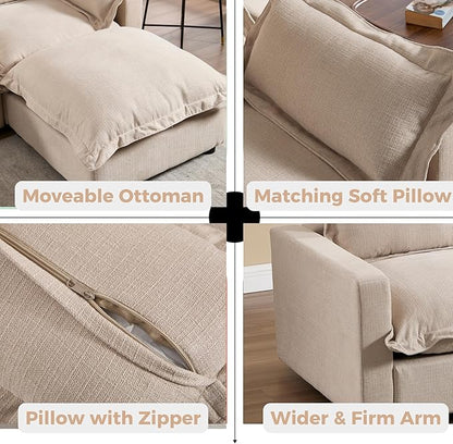 chairus 97" Modular Sectional Sofa with Moveable Ottoman Upholstered Deep Seat Linen Couch Set with Soft Pillows L-Shape Sofa Couch for Living Room, Apartment, Reception Room, 3-Seater/Oatmeal
