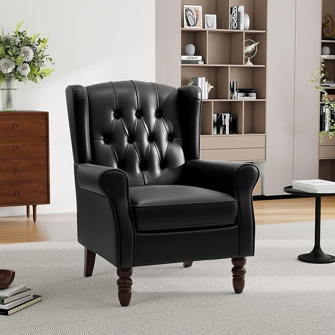 Mid-Century Modern 2-Piece Wingback Chair Set - Luxe Faux Leather Accent Chairs with Wooden Legs, Easy-Clean Lounge Seating for Living Room, Home Theater & Dining Room - PU Leather Matched Pair Black