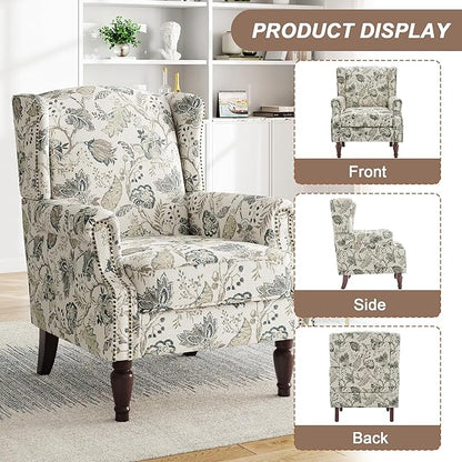 Pia Ricco Set of 2 Floral Accent Chairs, High Back Upholstered Armchairs with Retro Wingback Design, Nailhead Trim & Solid Wood Legs for Living Room Bedroom(Plants Beige)