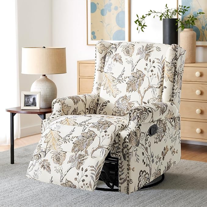 Premium 360° Swivel Recliner Chair with Footrest - Luxurious Cotton Linen & Botanical Design-Cream Plant