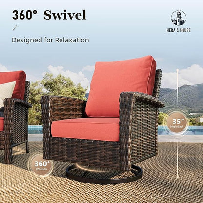 HERA'S HOUSE Oversized Patio Wicker Chairs, High Back Outdoor Swivel Chairs Set of 2 with Rattan Side Table, 5.5" Thick Cushions, 3-Piece Patio Furniture Sets for Deck Porch Pool, Brown/Red