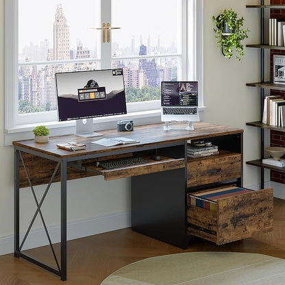 Bestier Office Desk with Drawers, 55 inch Industrial Computer Desk with Storage, Wood Teacher Desk with Keyboard Tray & File Drawer for Home Office, Rustic Brown
