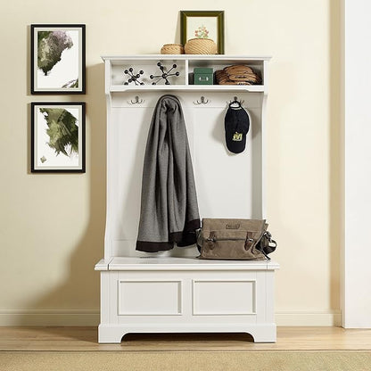 Crosley Furniture Campbell Hall Tree with Storage Bench and Coat Rack Hooks for Hanging, White