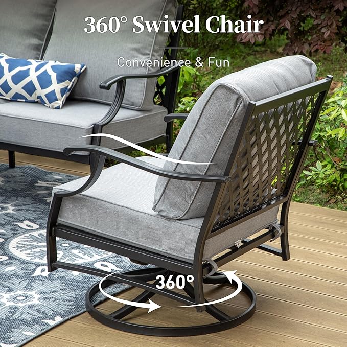 5 Piece Metal Outdoor Patio Furniture Sets, Patio Conversation Sets 1 3-Seater Sofa, 2 Swivel Chairs, 2 Ottomans with 5.75" Thick Cushion, Black All-Weather Backyard Furniture, Gray