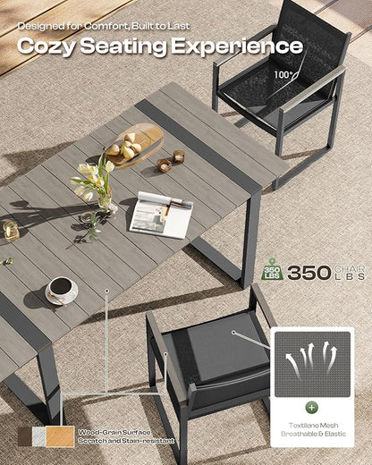 Outdoor Dining Set, Patio Table and Chairs Set, 7 Piece HDPS + Aluminum Patio Furniture Set with Umbrella Hole, Patio Dining Table Set (Gray)
