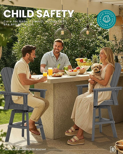 SERWALL 3-Piece Swivel Adirondack Bar Set, HDPE Swivel Bar Height Chairs Set of 2 with Bar Table, All-Weather Outdoor Barstools for Patio, Poolside, Garden, Grey