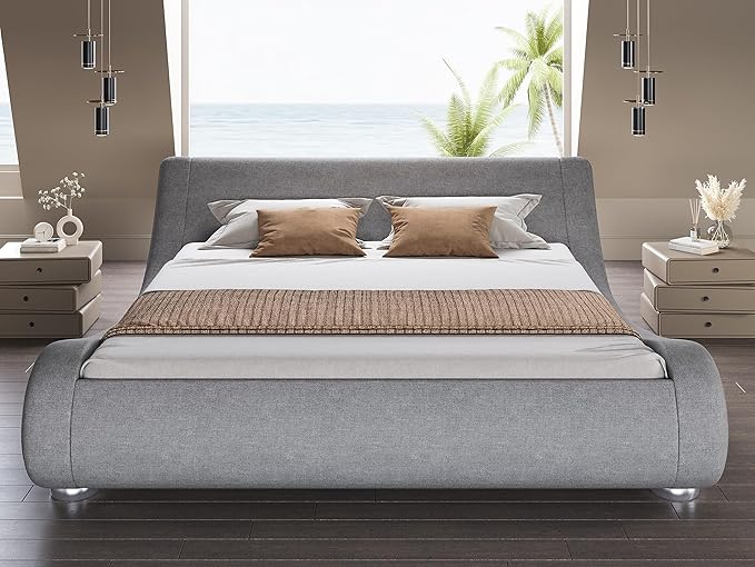 SHA CERLIN King Size Upholstered Bed Frame, Deluxe Low Profile Sleigh Bed with Linen Ergonomics Headboard, No Box Spring Needed & Easy Assembly, Grey