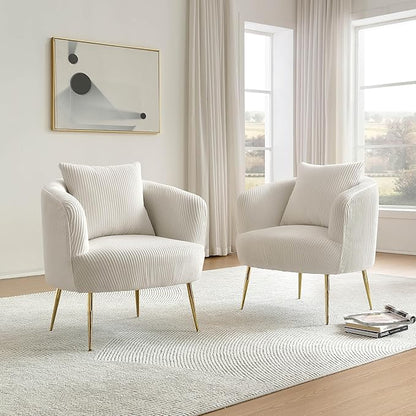 Art Leon Velvet Accent Chair, Upholstered Modern Single Sofa Chair, Comfy Barrel Chair with Golden Metal Legs for Living Room Bedroom, Off White