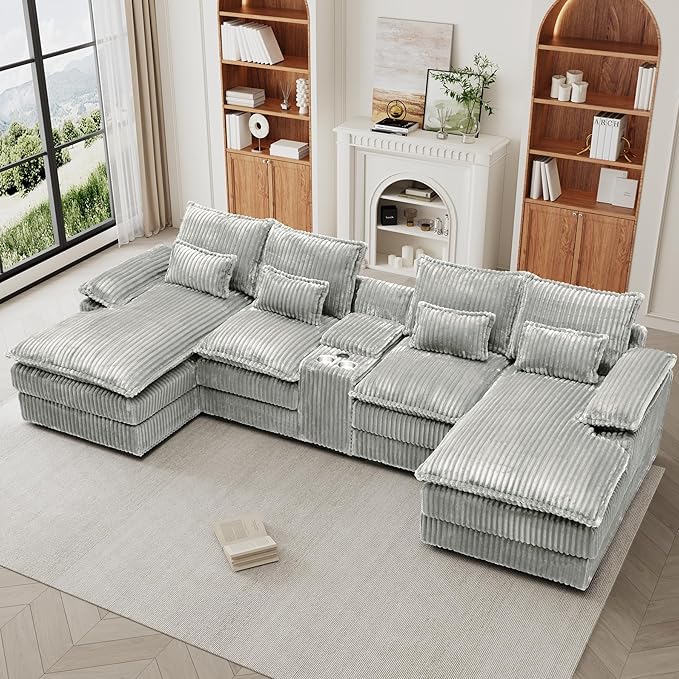 HYJT-H&K 124" U Shaped Cloud Couch Sectional, Comfy Fluffy Plush Corduroy Light Grey Sectional Couches for Living Room, Modern Modular Corduroy Couch Sectionals with Central Console & Double Chaise