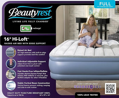 Beautyrest Hi-Loft Full Size Air Mattress with Vertical Beam Construction, Edge Support, External Pump and Puncture Resistant Vinyl for Guests and Camping