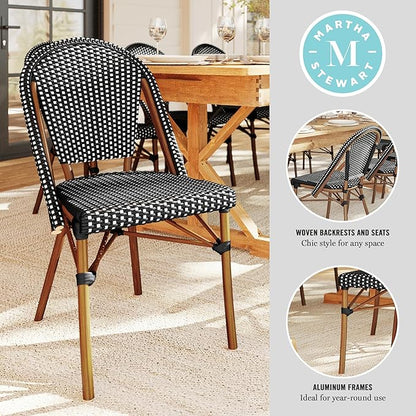 Martha Stewart Lily Pond Indoor-Outdoor Stackable Aluminum Bistro Chair with Natural Woodgrain Frame Finish and Black/White Woven Rattan Backrest and Seat