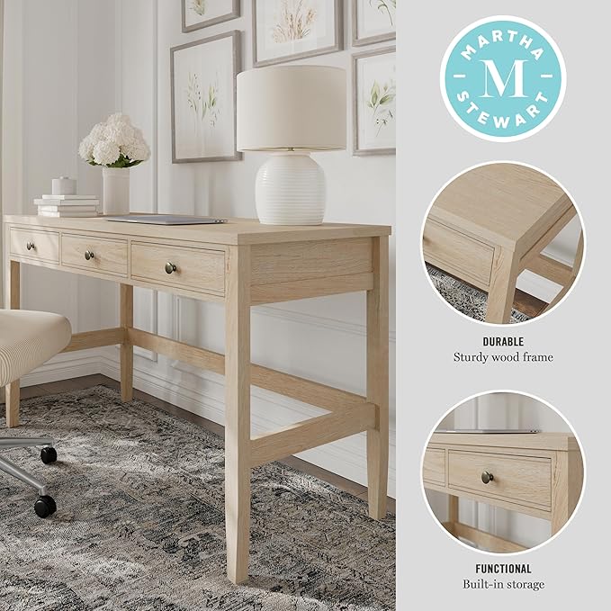 Martha Stewart Rhett Home Office Desk with 3 Drawers and Tapered Legs in Light Natural with Antique Bronze Hardware