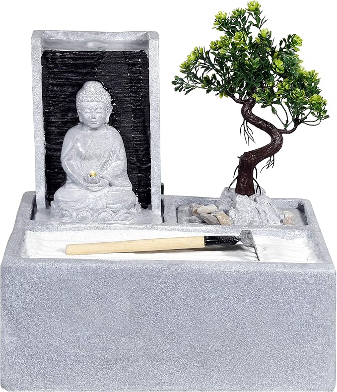 Alpine Corporation DIG278 13" Indoor/Outdoor Tabletop Fountain with LED Lights, Buddha Bonsai Garden Water Feature for Home, Patio & Desk Décor, Gray