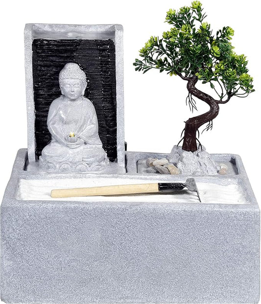 Alpine Corporation DIG278 13" Indoor/Outdoor Tabletop Fountain with LED Lights, Buddha Bonsai Garden Water Feature for Home, Patio & Desk Décor, Gray