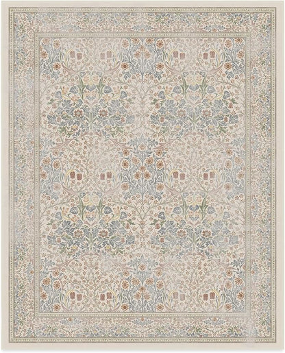RUGGABLE x Morris & Co Washable Area Rug – Blackthorn Ivory Blue 8x10, Stain-Resistant, Non-Slip – Large Machine Washable Rugs for Living Room, Bedroom, Hallway, Entryway & Office–with Standard Pad