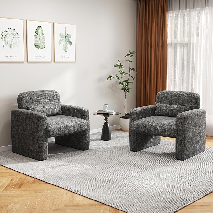 LSSPAID Modern Accent Chairs, Chenille Fabric Armchairs for Living Room, Comfy Upholstered Leisure Single Sofa Chair with Lumbar Pillow for Bedroom, Balcony, Office (Charcoal, Set of 2)