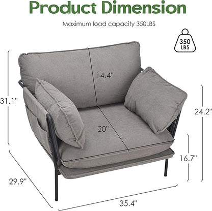 Modern Accent Chair for Living Room, Oversized Reading Chair with Solid Metal Legs, Upholstered Fabric Armchair with Side Pockets and 2 Pillows, Comfy Accent Chairs for Bedroom, Nursery, Khaki