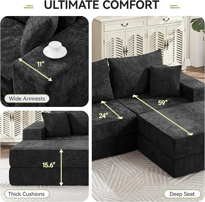 79" Boneless Cloud Loveseat Sofa Couch, Modular Foldable Floor Sofa with Ottoman, Chenille Lounge Convertible Sofa Bed for Living Room, No Assembly, Black