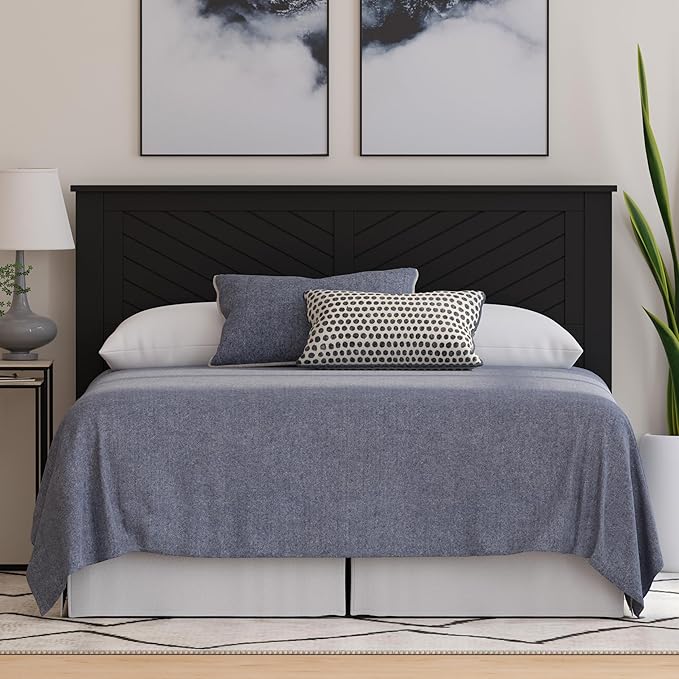Serene Poplar Wood Full Size Headboard in Black, Modern Farmhouse Panel with Chevron Scoring, Casual Coastal Style, Easy Assembly, Quality Materials