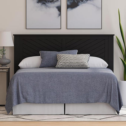 Serene Poplar Wood Full Size Headboard in Black, Modern Farmhouse Panel with Chevron Scoring, Casual Coastal Style, Easy Assembly, Quality Materials
