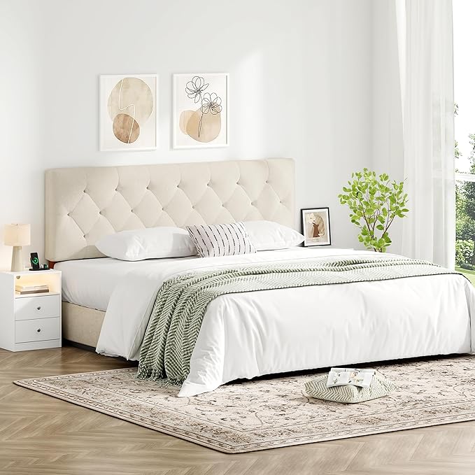 Upholstered Queen Headboard Only for Bed Frame from 49”-62”, Adjustable Height Queen Head Board with Durable Wood Legs, Bed Headboard in Modern Button Design, Beige
