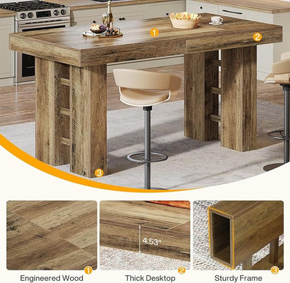 Tribesigns 63-Inch Long Bar Table, Farmhouse Rectangular Counter Height Pub Table, Wood Home Bar Unit for Kitchen, Dining Room, Living Room, Rustic Brown (Table Only)