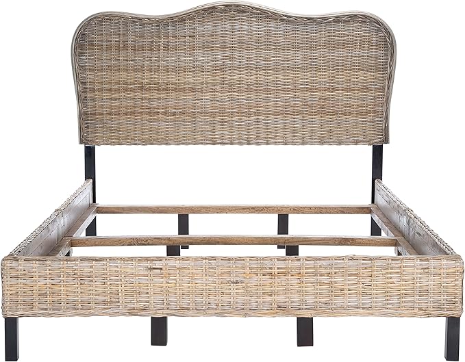 SAFAVIEH Home Collection Daejon Coastal Rattan Legs Camelback Headboard Full Size Bed BED8001A-F, Grey/Espresso