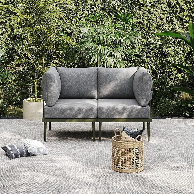 Sundale Outdoor 2 Pieces Metal Patio Furniture Set, Outdoor Sectional Sofa w/6 Inch Olefin Cushion, Modern Outdoor Conversation Sets