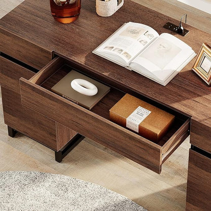 WAMPAT 59" Modern Executive Desk with Drawers, Home Office Computer Desk with Charging Station, File Drawer, Storage Cabinet, Wood Writing Desk for Work and Study, Dark Brown